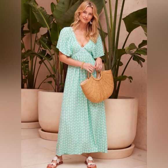 Cabana Life Deep V Flutter Sleeve Maxi Dress Metallic Floral Sea Foam M NWT - Picture 1 of 11